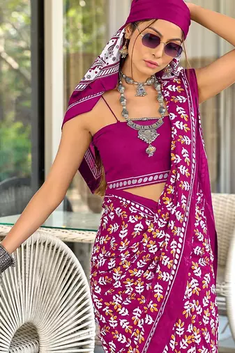 Pink floral print mulmul cotton saree with blouse.