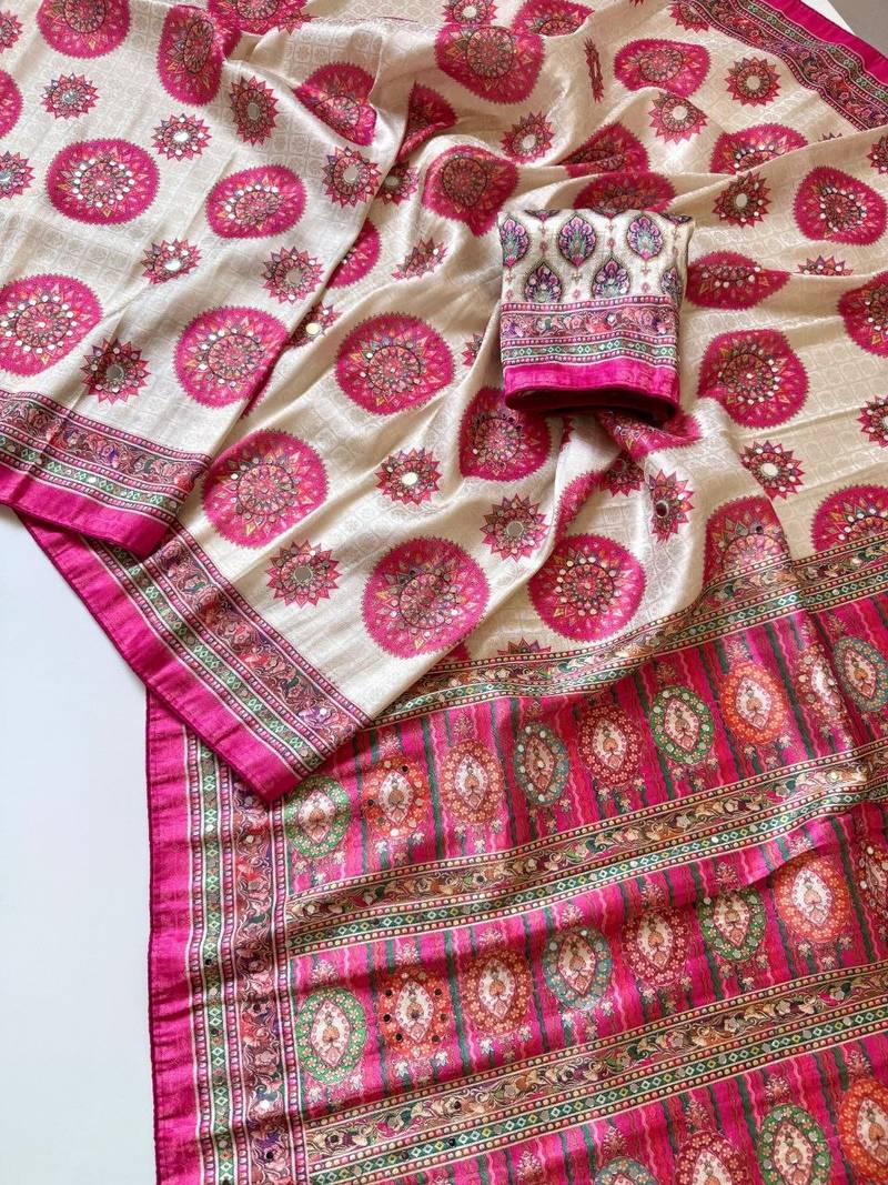 Rani Pink Color  Digital Printing With Original Mirror Work Dola Silk Saree 