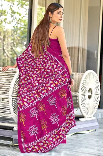 Pink floral print mulmul cotton saree with blouse.