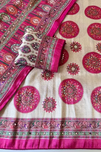 Rani Pink Color  Digital Printing With Original Mirror Work Dola Silk Saree 