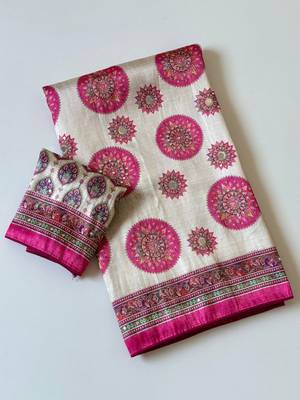 Rani Pink Color  Digital Printing With Original Mirror Work Dola Silk Saree  3