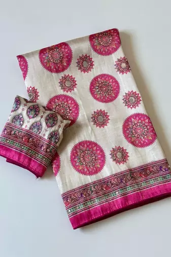 Rani Pink Color  Digital Printing With Original Mirror Work Dola Silk Saree 