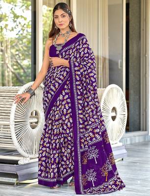 Purple floral print mulmul cotton saree with blouse. 1