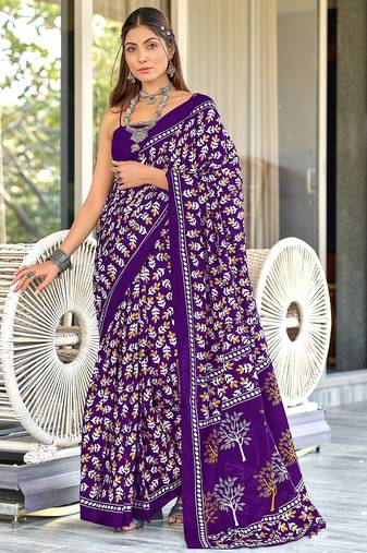 Purple floral print mulmul cotton saree with blouse.