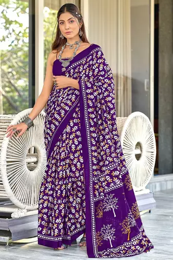 Purple floral print mulmul cotton saree with blouse.