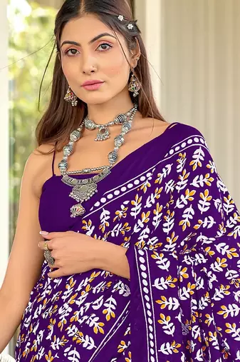 Purple floral print mulmul cotton saree with blouse.