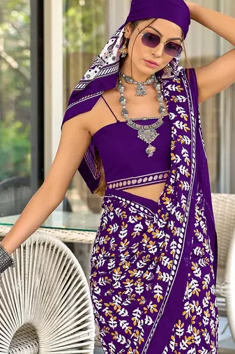 Purple floral print mulmul cotton saree with blouse.