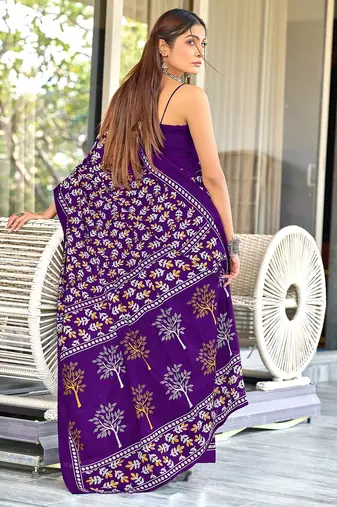 Purple floral print mulmul cotton saree with blouse.