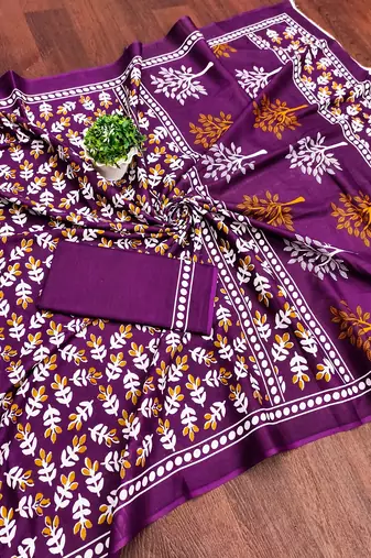 Purple floral print mulmul cotton saree with blouse.