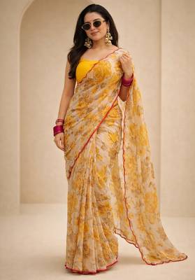 Pre draped soft georgette saree with digital print & aari work 2