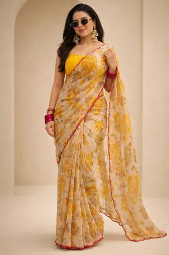 Pre draped soft georgette saree with digital print & aari work