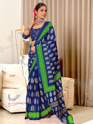Blue floral print mulmul cotton saree with blouse. 1