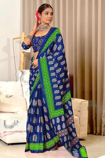 Blue floral print mulmul cotton saree with blouse.