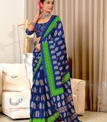 Blue floral print mulmul cotton saree with blouse.