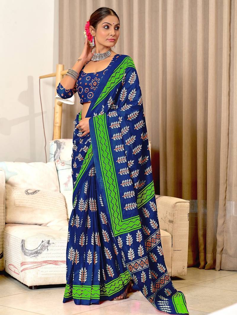 Blue floral print mulmul cotton saree with blouse.