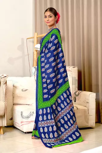 Blue floral print mulmul cotton saree with blouse.