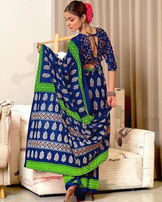 Blue floral print mulmul cotton saree with blouse. 4