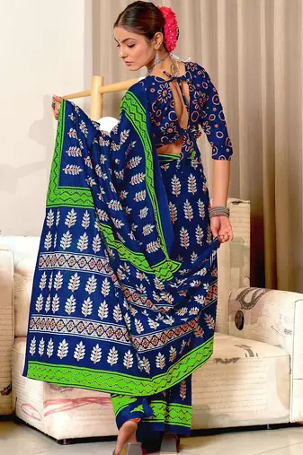 Blue floral print mulmul cotton saree with blouse.