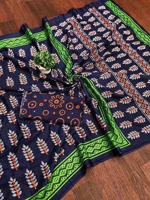 Blue floral print mulmul cotton saree with blouse. 5