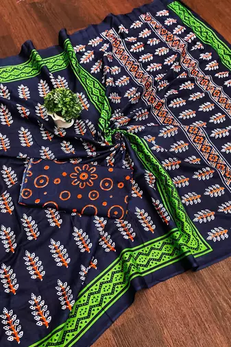 Blue floral print mulmul cotton saree with blouse.