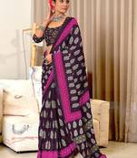 Brown floral print mulmul cotton saree with blouse.