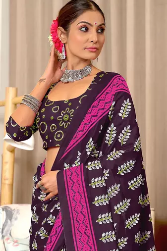 Brown floral print mulmul cotton saree with blouse.