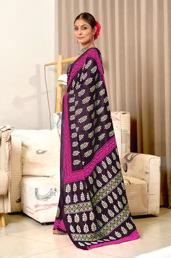 Brown floral print mulmul cotton saree with blouse.