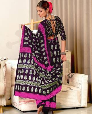 Brown floral print mulmul cotton saree with blouse. 4