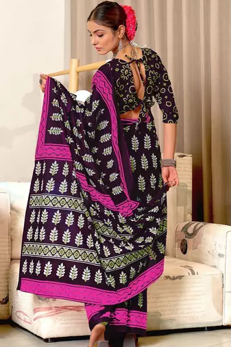 Brown floral print mulmul cotton saree with blouse.