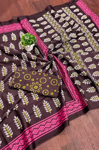Brown floral print mulmul cotton saree with blouse.