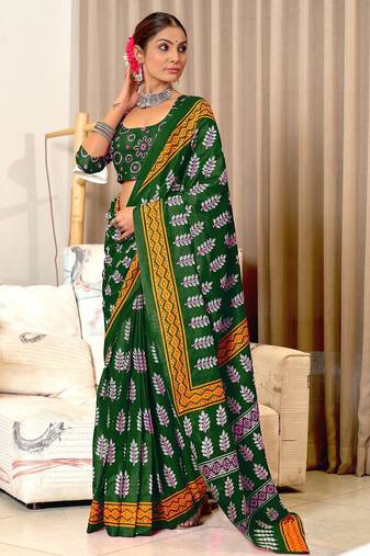 Green floral print mulmul cotton saree with blouse.