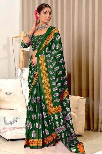 Green floral print mulmul cotton saree with blouse.
