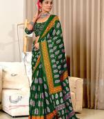 Green floral print mulmul cotton saree with blouse.