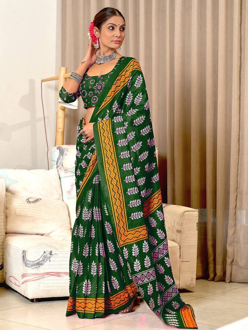 Green floral print mulmul cotton saree with blouse.