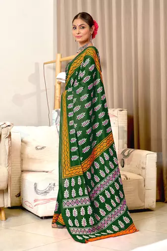Green floral print mulmul cotton saree with blouse.
