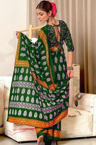 Green floral print mulmul cotton saree with blouse.