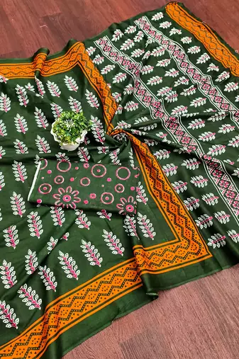 Green floral print mulmul cotton saree with blouse.