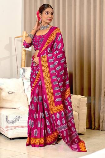 Pink floral print mulmul cotton saree with blouse.