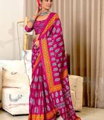 Pink floral print mulmul cotton saree with blouse.