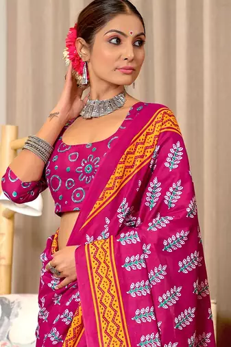 Pink floral print mulmul cotton saree with blouse.