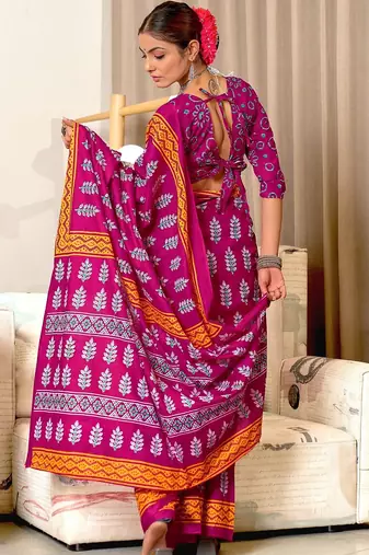Pink floral print mulmul cotton saree with blouse.