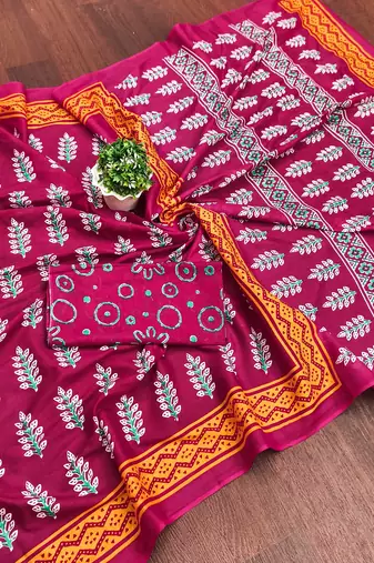 Pink floral print mulmul cotton saree with blouse.