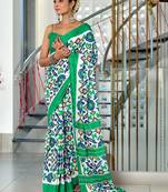Green ikkat print mulmul cotton saree with blouse.