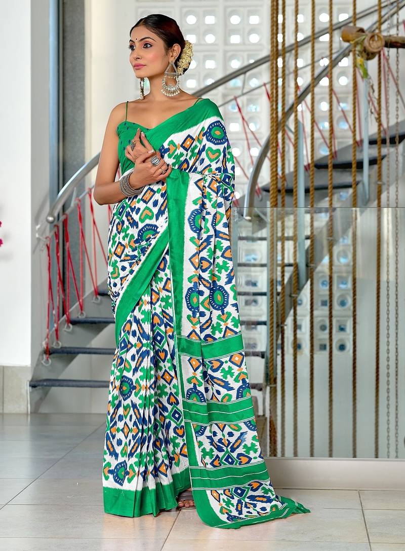Green ikkat print mulmul cotton saree with blouse.