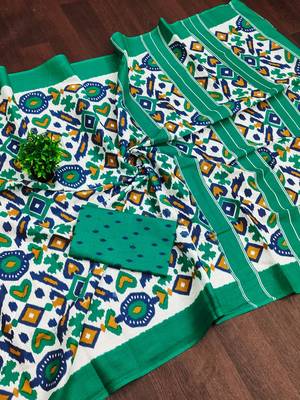 Green ikkat print mulmul cotton saree with blouse. 5