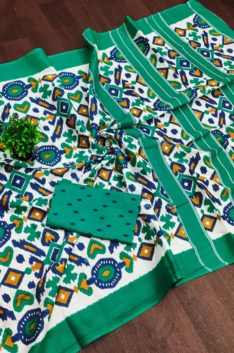 Green ikkat print mulmul cotton saree with blouse.