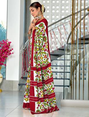 Maroon ikkat print mulmul cotton saree with blouse. 3