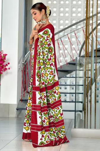Maroon ikkat print mulmul cotton saree with blouse.