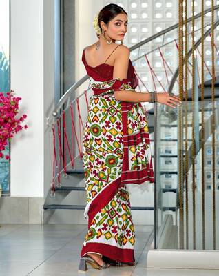 Maroon ikkat print mulmul cotton saree with blouse. 4