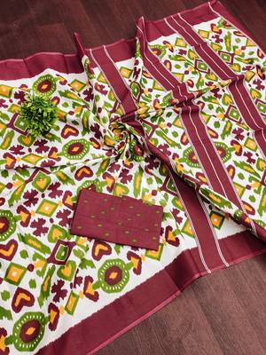 Maroon ikkat print mulmul cotton saree with blouse. 5